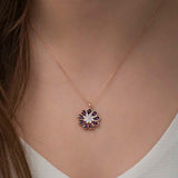 Necklace - Rose Gold Plated Sterling Silver Flower with Purple Crystals & MOP