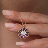 Necklace - Rose Gold Plated Sterling Silver Flower with Purple Crystals & MOP