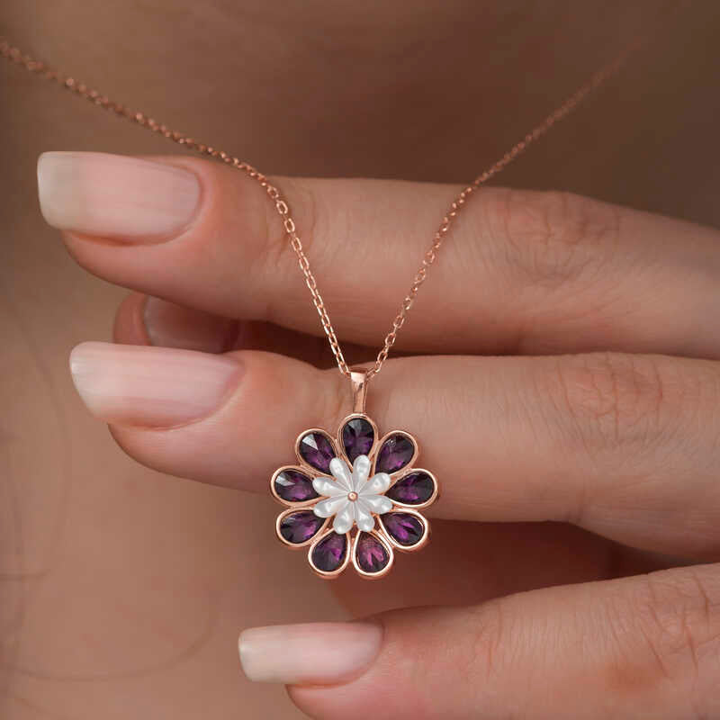 Necklace - Rose Gold Plated Sterling Silver Flower with Purple Crystals & MOP