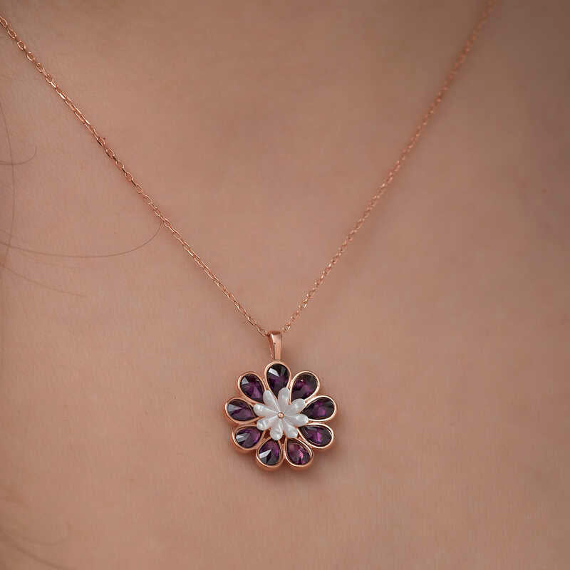Necklace - Rose Gold Plated Sterling Silver Flower with Purple Crystals & MOP