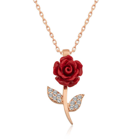 Rose Gold-Tone Red Rose Necklace - Dainty Floral Cubic Zirconia Pendant