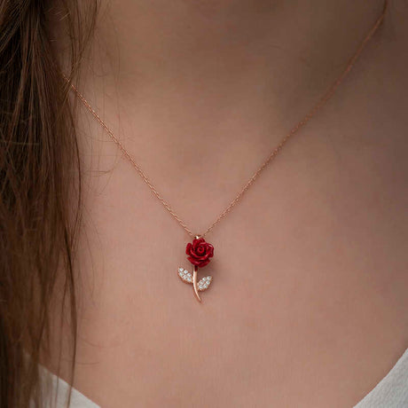 Rose Gold-Tone Red Rose Necklace - Dainty Floral Cubic Zirconia Pendant
