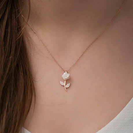 Rose Gold Plated Necklace - Floral Mother-of-Pearl Rose & Zirconia