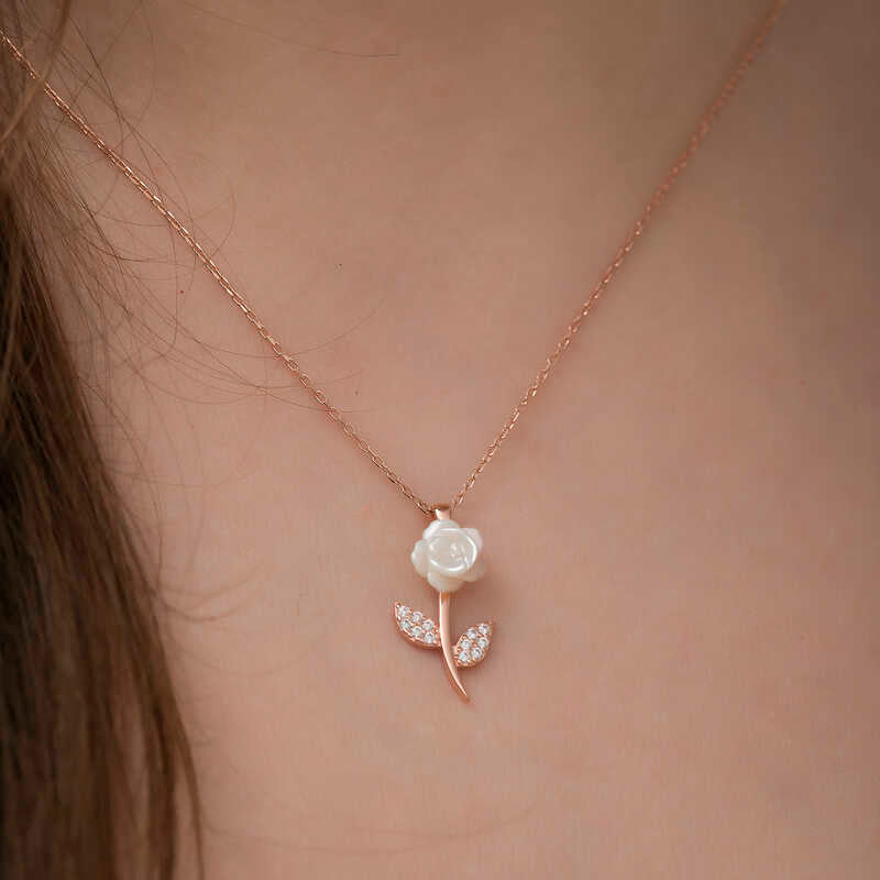Rose Gold Plated Necklace - Floral Mother-of-Pearl Rose & Zirconia