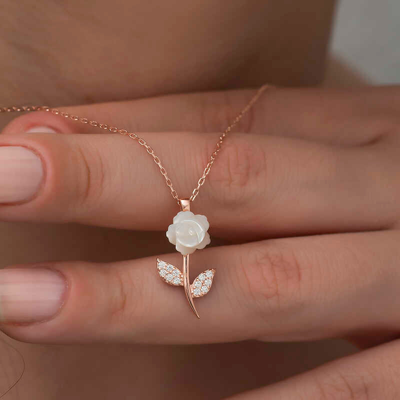Rose Gold Plated Necklace - Floral Mother-of-Pearl Rose & Zirconia