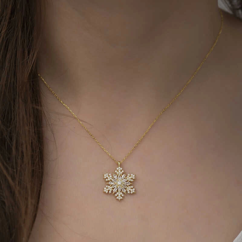 Gold-Plated Sterling Silver Snowflake Necklace - Dazzling Cubic Zirconia