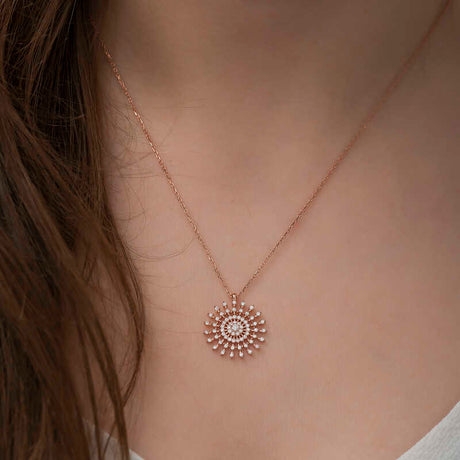 Rose Gold Plated Necklace - Radiant Zircon Sunburst Statement Pendant