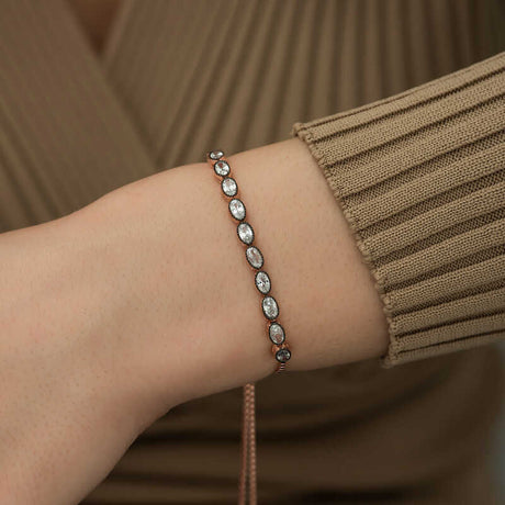 Bracelet - Rose Gold Tone Oval Cut Simulated Diamond Bolo