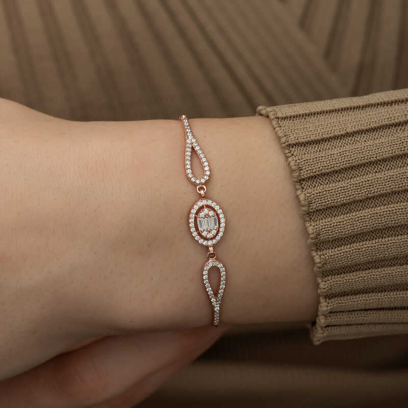 Rose Gold Plated Silver Bracelet - Oval Baguette & Pave Cubic Zirconia