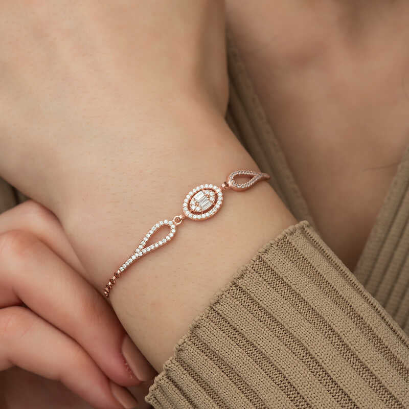 Rose Gold Plated Silver Bracelet - Oval Baguette & Pave Cubic Zirconia