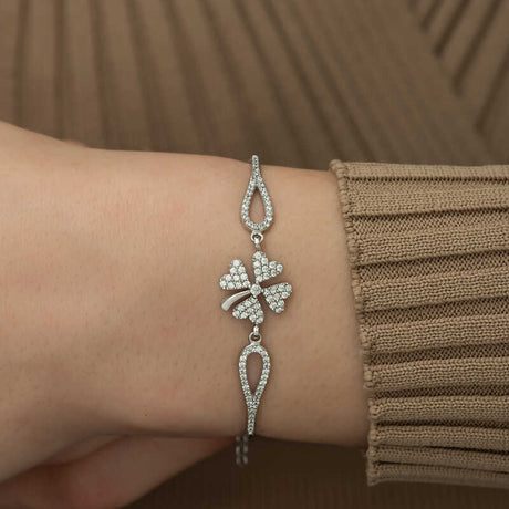 Sterling Silver Clover Bracelet - Sparkling Pave Zirconia Charm