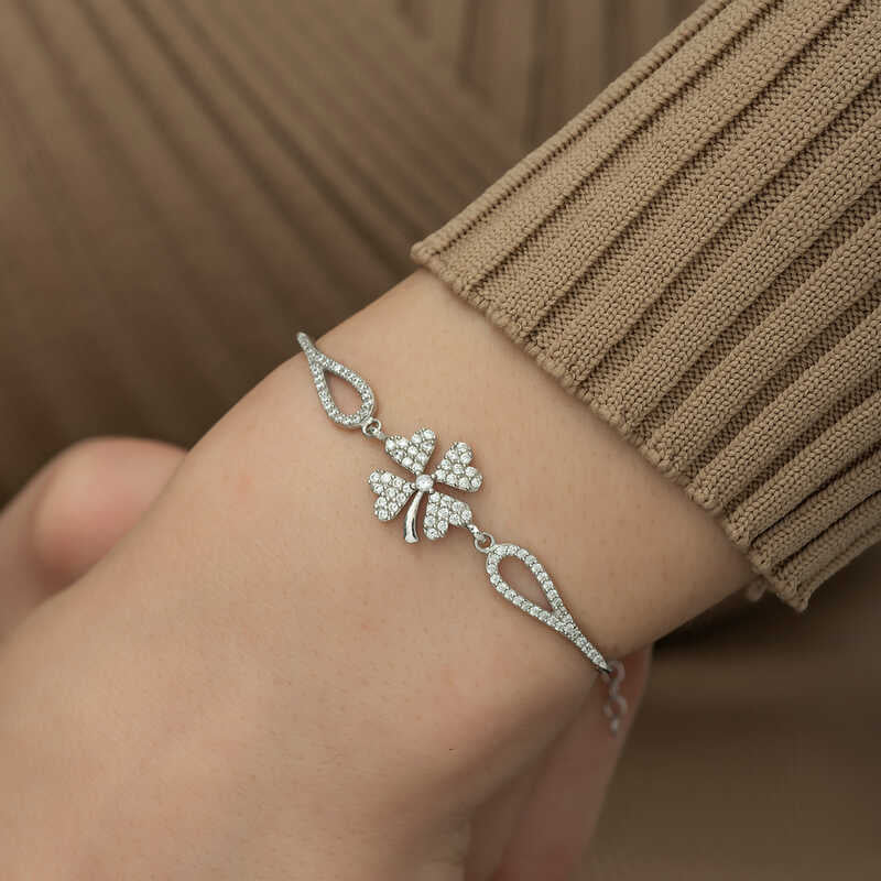 Sterling Silver Clover Bracelet - Sparkling Pave Zirconia Charm