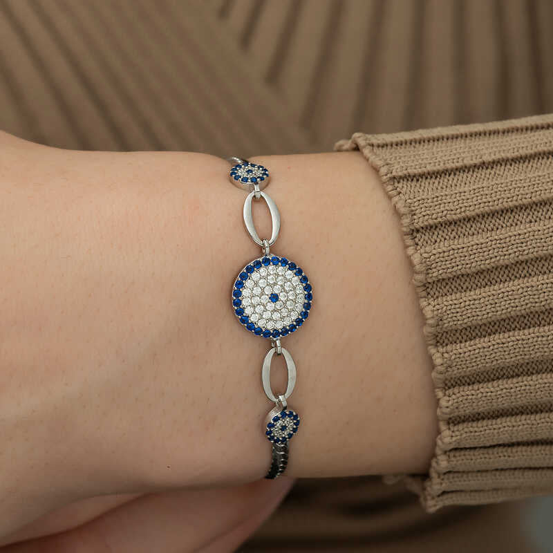 Sterling Silver Evil Eye Bracelet - Dainty Blue & White CZ