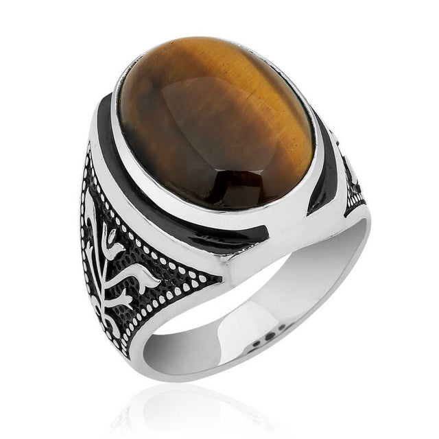 Premium Sterling Silver Tiger's Eye Tulip Engraved Men's Ring