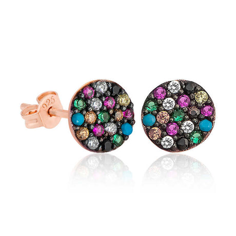 Stud Earrings - Rose Gold Plated Sterling Silver Mixed Gemstone Dainty Pave Circle