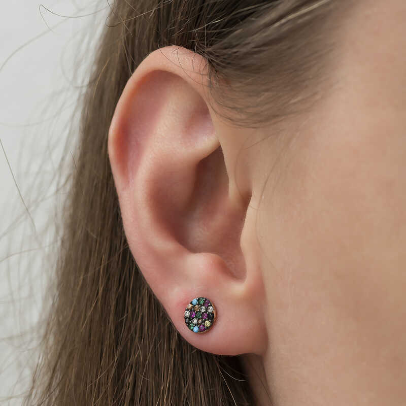 Orecchini a bottone - Argento sterling placcato oro rosa con pietre miste, delicato cerchio pavé
