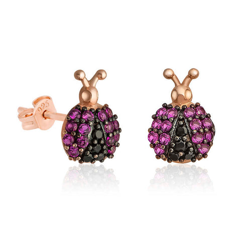 Rose Gold Plated Sterling Silver Ladybug Stud Earrings with Purple & Black Zirconia