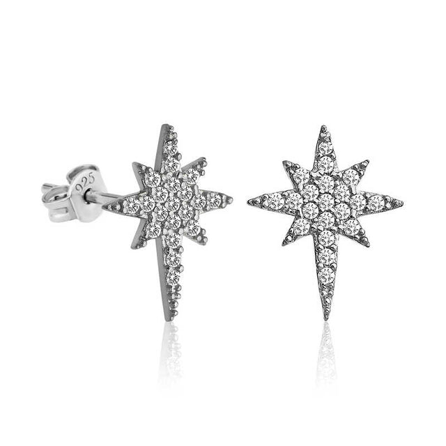 Stud Earrings - Sterling Silver Pave Starburst Celestial Design