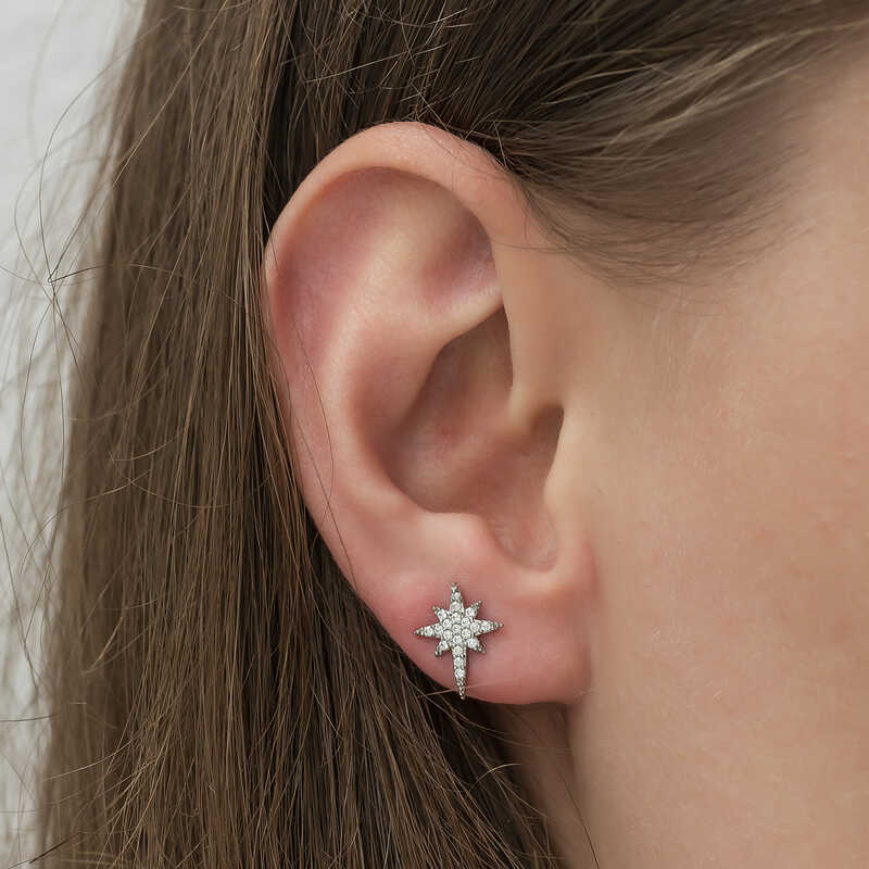 Stud Earrings - Sterling Silver Pave Starburst Celestial Design