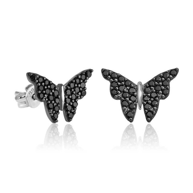 Sterling Silver Pavé Black Zirconia Butterfly Stud Earrings