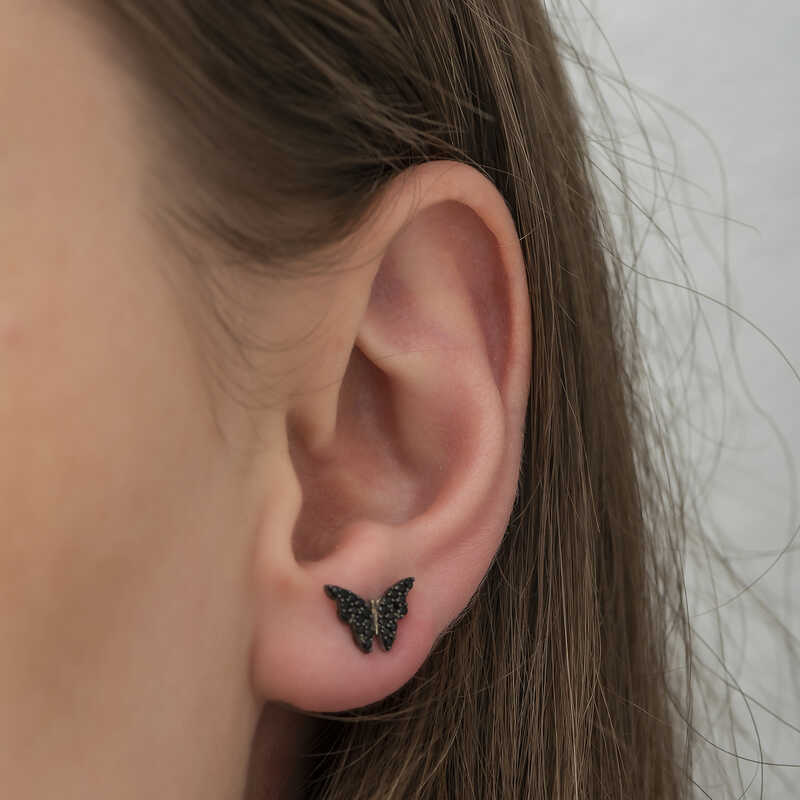 Boucles d'oreilles puces papillon en argent sterling pavé de zirconium noir