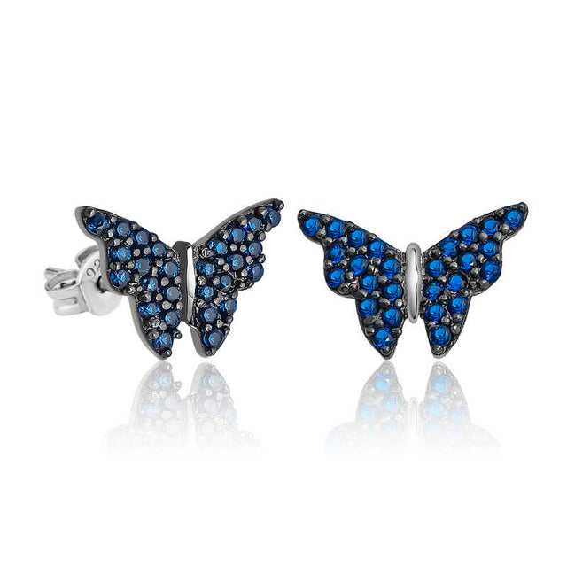Sterling Silver Butterfly Stud Earrings - Sparkling Blue Zirconia