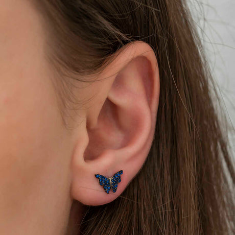 Sterling Silver Butterfly Stud Earrings - Sparkling Blue Zirconia