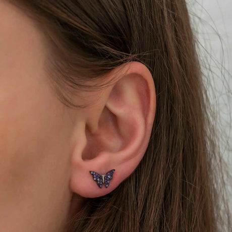 Sterling Silver Purple Zirconia Butterfly Stud Earrings - Dainty & Sparkling