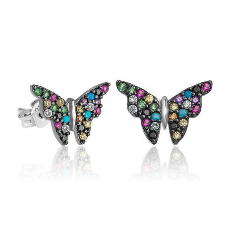 Vibrant Butterfly Stud Earrings - Sterling Silver Multi-Color Zirconia