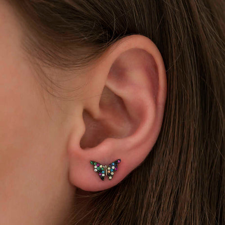 Vibrant Butterfly Stud Earrings - Sterling Silver Multi-Color Zirconia