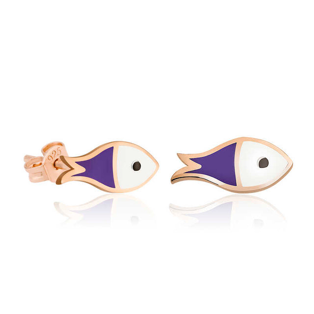 Stud Earrings - Rose Gold Plated Sterling Silver Enamel Fish
