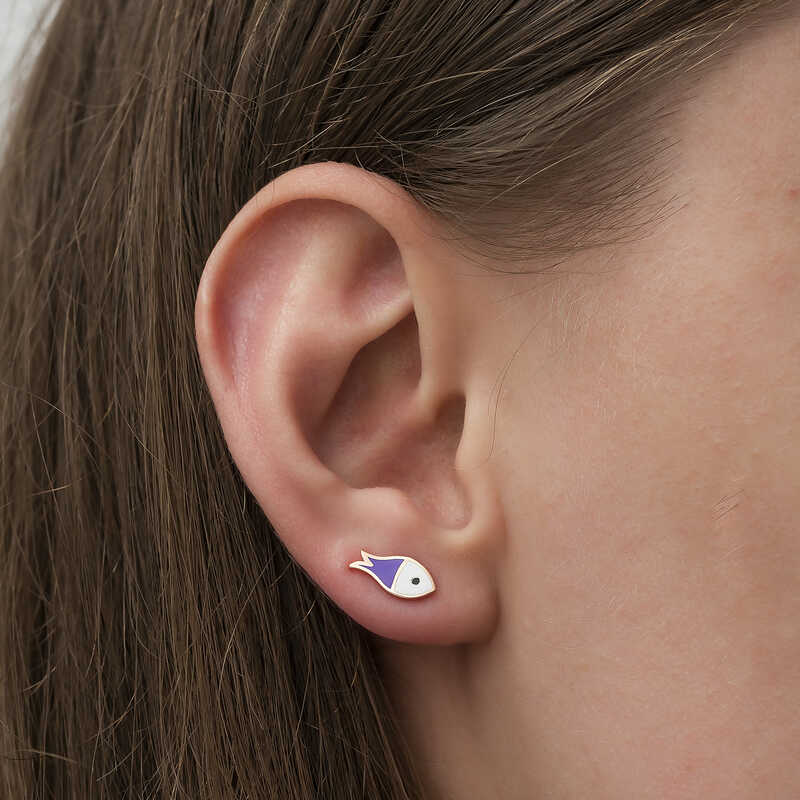 Stud Earrings - Rose Gold Plated Sterling Silver Enamel Fish