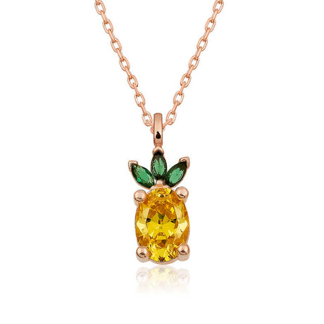 Necklace - Rose Gold Tone Pineapple Charm with Yellow & Green Gemstones