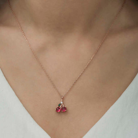 Rose Gold Tone Cherry Pendant Necklace with Red & White Stones