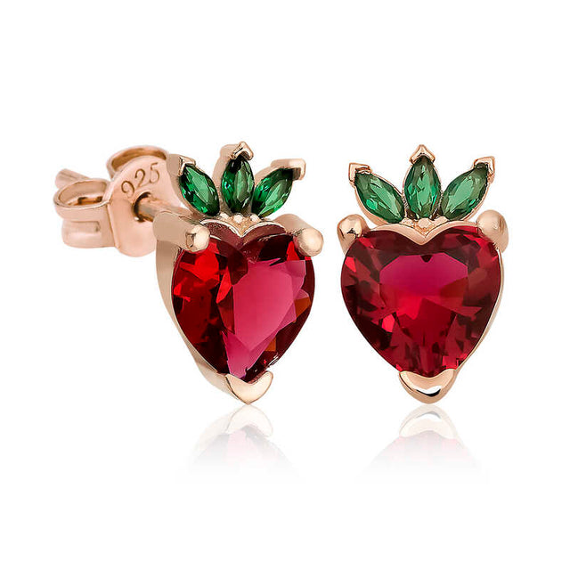 Stud Earrings - Rose Gold Plated Sterling Silver Strawberry Heart