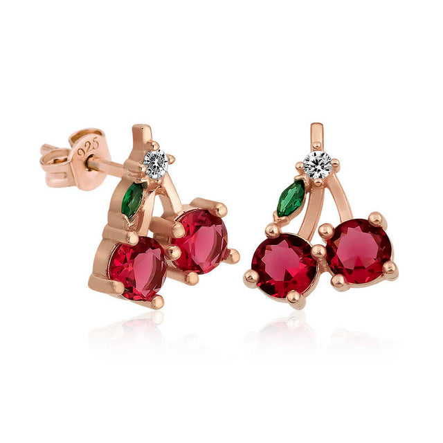 Dainty Cherry Stud Earrings - Rose Gold Plated Sterling Silver