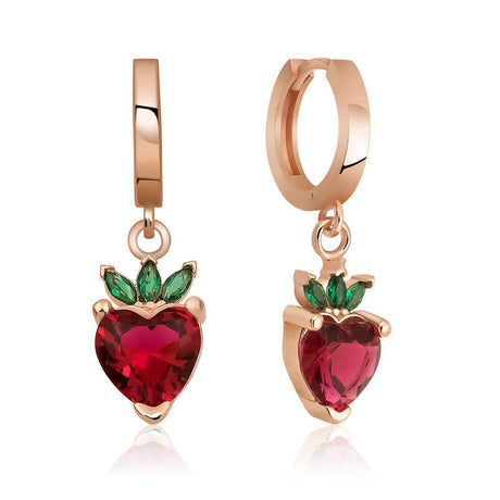 Rose Gold Tone Hoop Drop Earrings - Red Heart Strawberry Charm