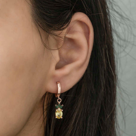 Rose Gold Plated Silver Dangle Hoop Earrings - Pineapple Fruit Design