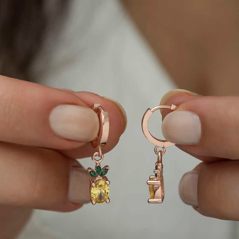 Rose Gold Plated Silver Dangle Hoop Earrings - Pineapple Fruit Design