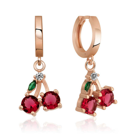 Drop Earrings - Rose Gold Plated Cherry Charm with Red & Green Zirconia