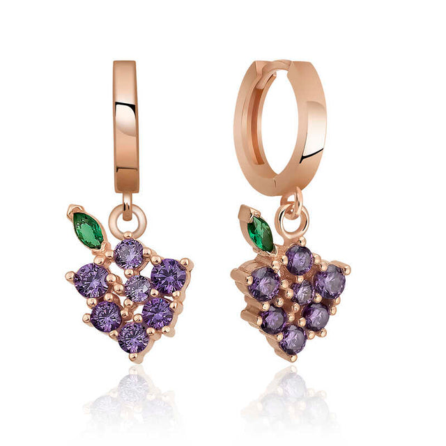 Dangle Earrings - Rose Gold Tone Grape with Purple Zirconia Charm
