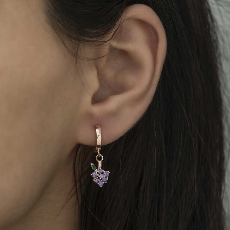 Dangle Earrings - Rose Gold Tone Grape with Purple Zirconia Charm