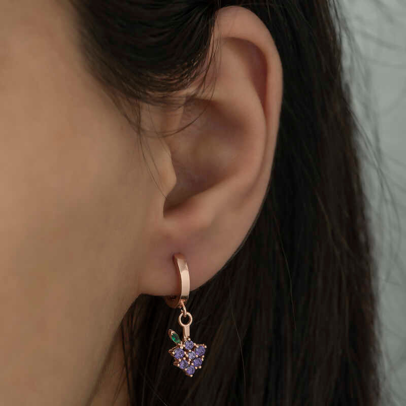 Dangle Earrings - Rose Gold Tone Grape with Purple Zirconia Charm