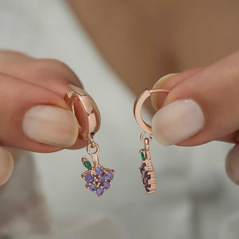 Dangle Earrings - Rose Gold Tone Grape with Purple Zirconia Charm