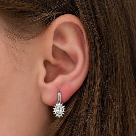 Sterling Silver Oval Halo Leverback Earrings - Sparkling Zirconia