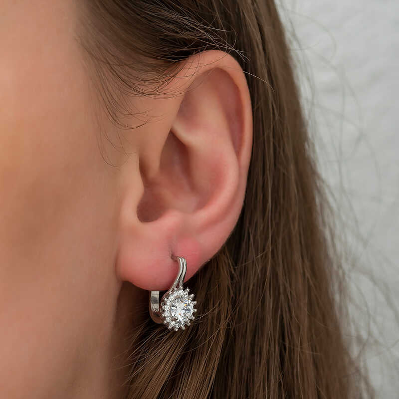 Leverback Drop Earrings - Sterling Silver Sparkling Zircon Halo