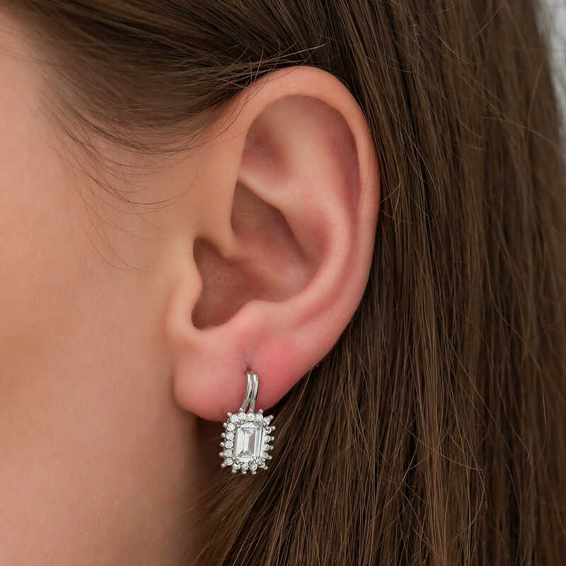 Sterling Silver Emerald Cut Dangle Earrings - Halo Sparkle Design