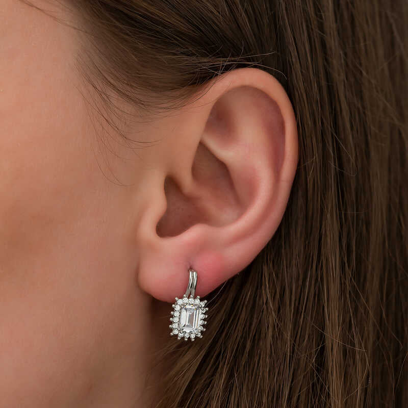 Sterling Silver Emerald Cut Dangle Earrings - Halo Sparkle Design