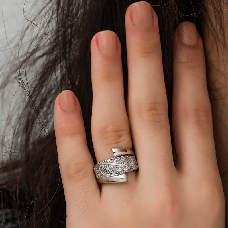 Ring - Sterling Silver Zircon Pave Statement Wrap Design