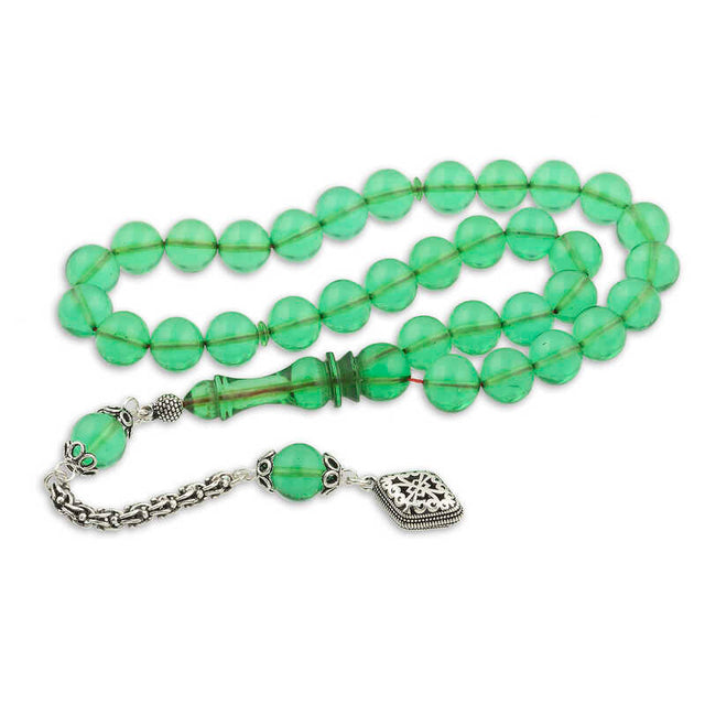Green Fire Amber Tesbih - Sterling Silver Accent Prayer Beads